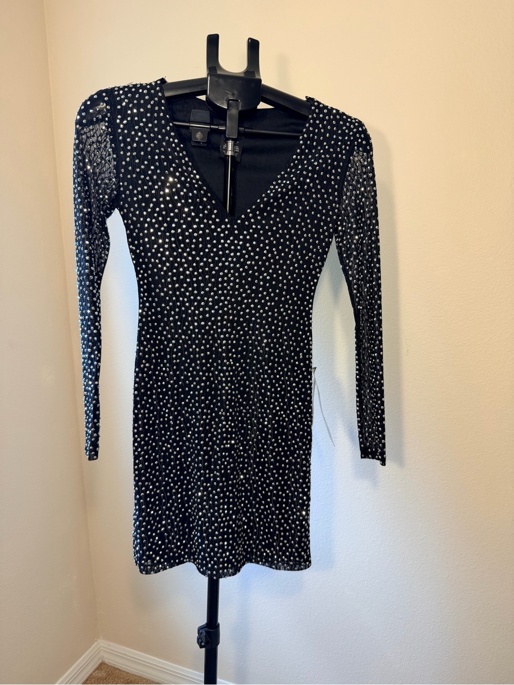 Darling Black Long-Sleeve V-Neck Rhinestone Dress